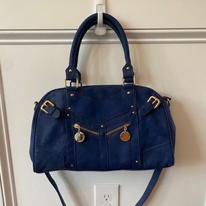 Blue leather shoulder bag with crossbody strap
